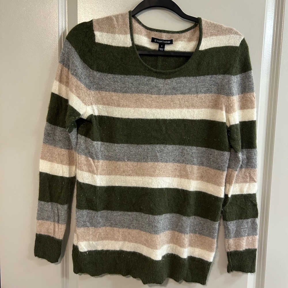41 Hawthorn 100% cashmere Women's Striped Sweater - Olive, Gray, and Beige